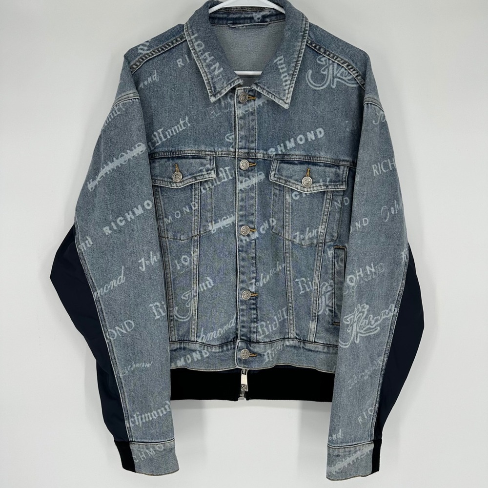 John Richmond Logo Print Hybrid Denim Bomber Trucker Jacket Blue Navy Size 48